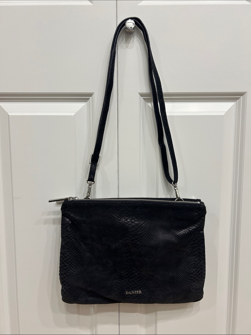 Danier Black Snakeskin Embossed Genuine Leather Shoulder/Crossbody Bag